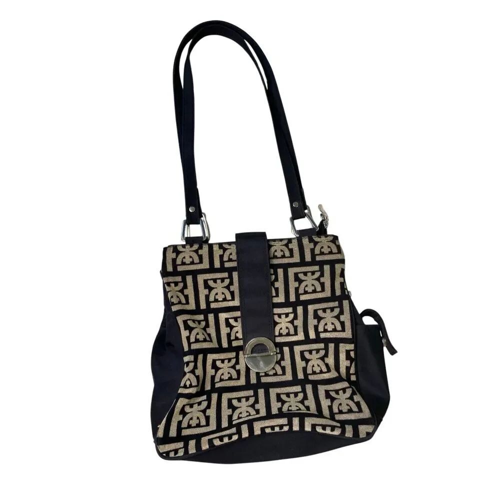 Black Beige Geometric Print Shoulder Tote Bag Multi Pocket Organizer Handbag